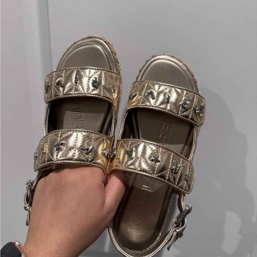 Karl Lagerfeld Gold Quilted Slide Sandals with Stud Embellishments